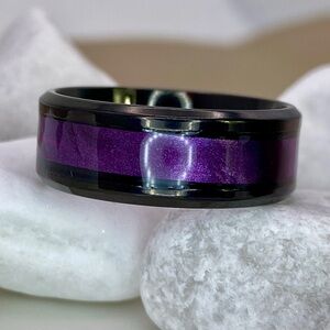 Titanium Steel Purple Opal Stripe Design Black Polished Wedding Band Ring